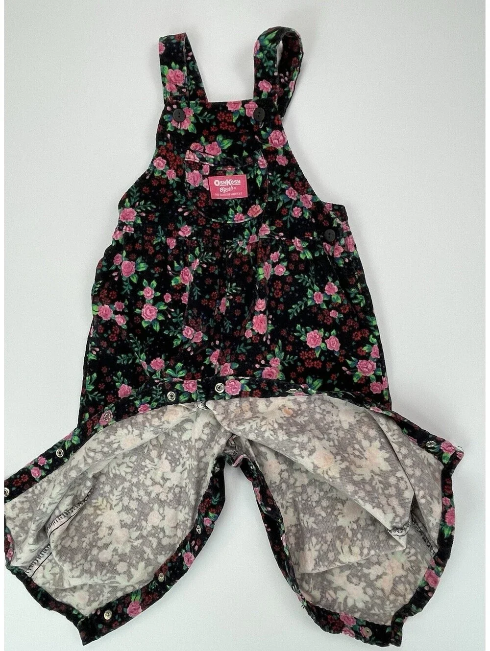 VTG OshKosh Bgosh Black Floral Corduroy Overalls 3T Vestbak USA Made
